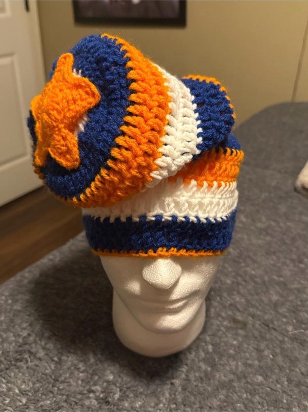 Handmade crochet Beanie with Star Accent - Blue, Orange & White